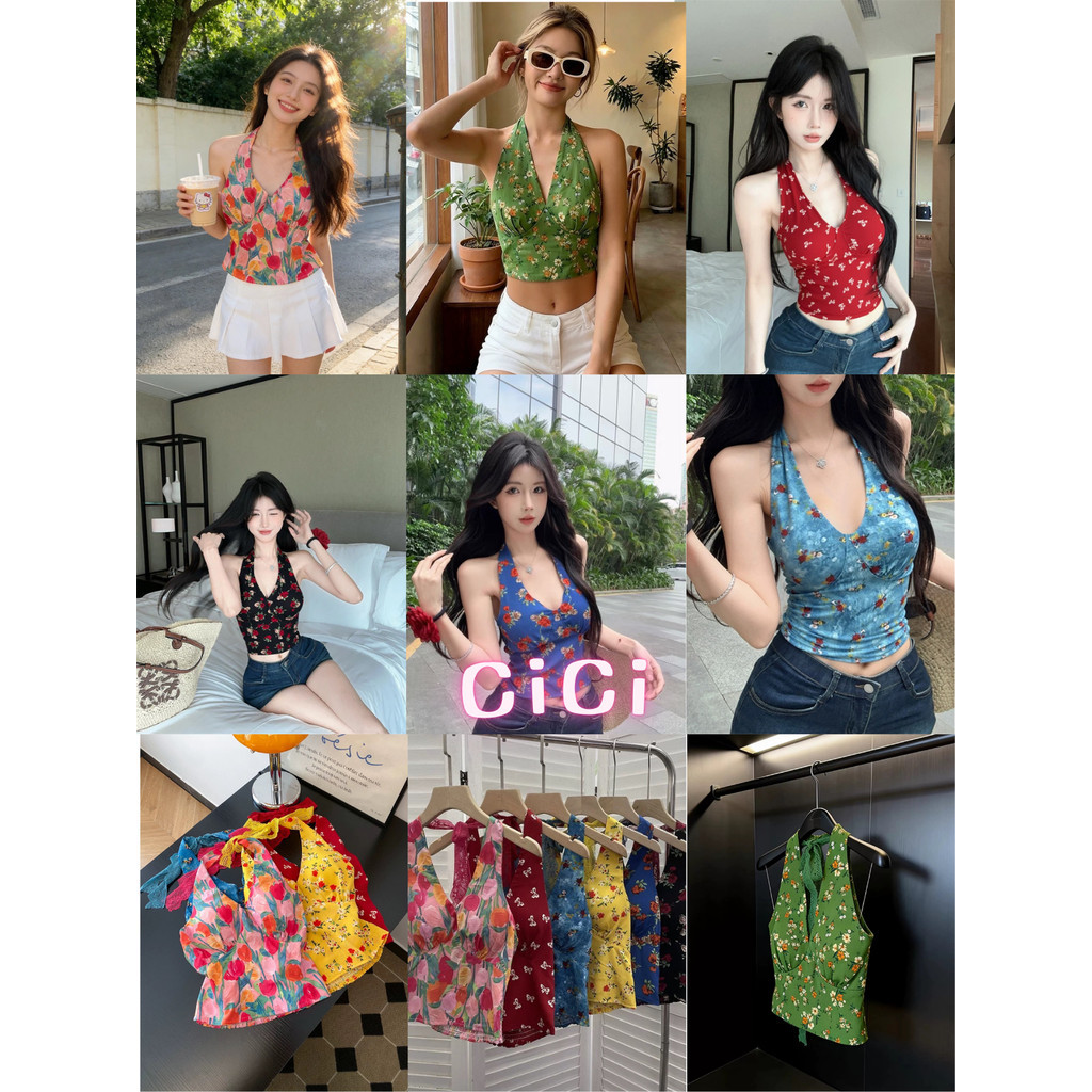 ส่งทันที Cici (No. H88169) เสื้อคล้องคอผูกโบว์สม็อคหลัง พิมพ์ลายดอก มีฟองน้ำซับใน แฟชั่นสไตล์สงกรานต์