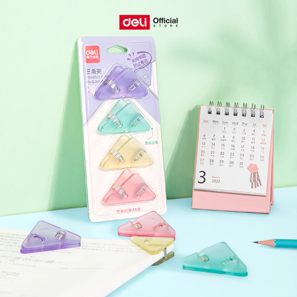 คลิปหนีบกระดาษสามเหลี่ยม Deli รุ่น QJ8530 สีพาสเทล ไม่ทำลายมุมกระดาษ บรรจุ4ชิ้น (คละสี)