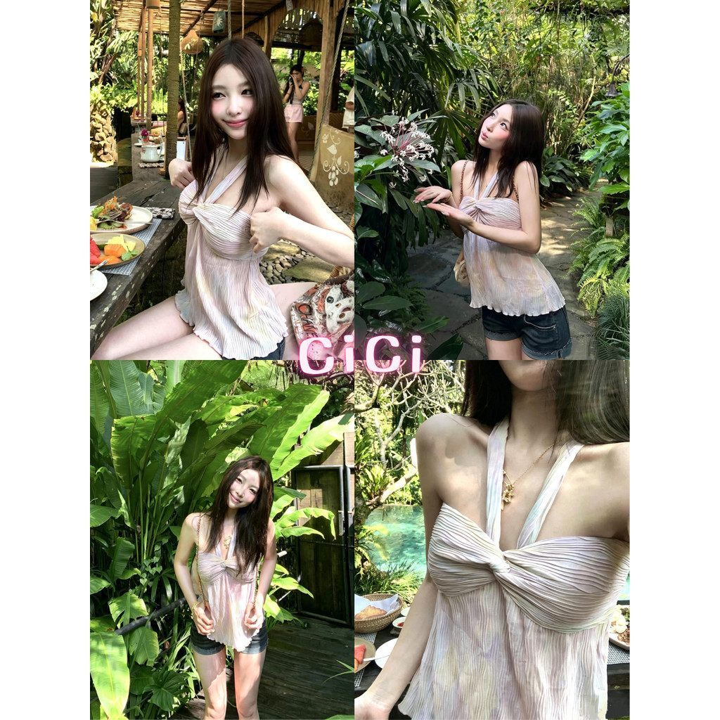 ส่งทันทีCici (No. J2519) เสื้อสายเดี่ยวคล้องคอสีพาสเทล เสริมฟองน้ำ ดีเทลม้วนเกลียวด้านหน้าสวย สไตล์ส