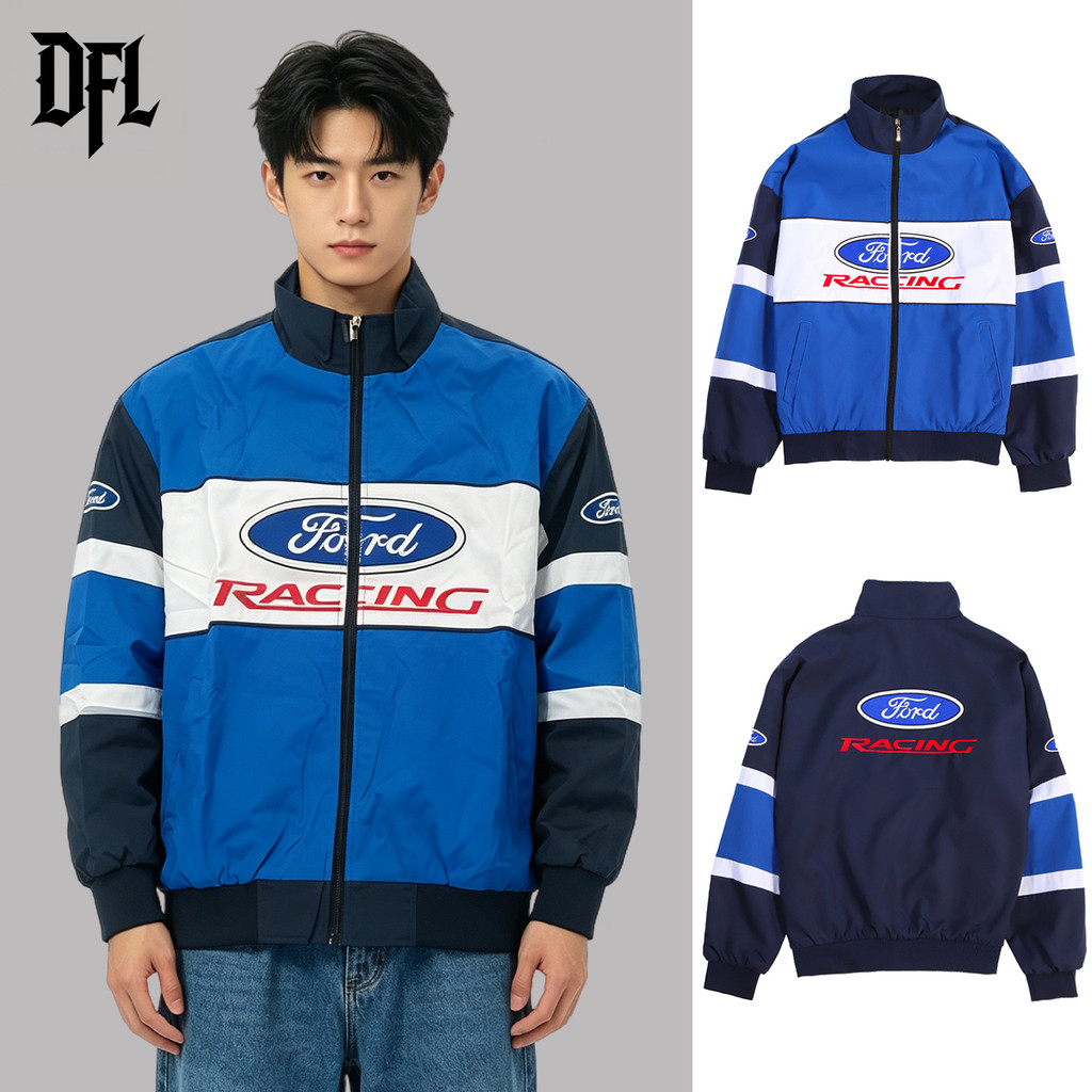 [พร้อมส่งไทย]F1 Ford เสื้อแจ็คเก็ตรถแข่ง วินเทจผู้ชาย ปักลาย (ไม่ใช่สกรีน) เสื้อกันลม แขนยาว สไตล์สปอร์ต แบบมีซิป