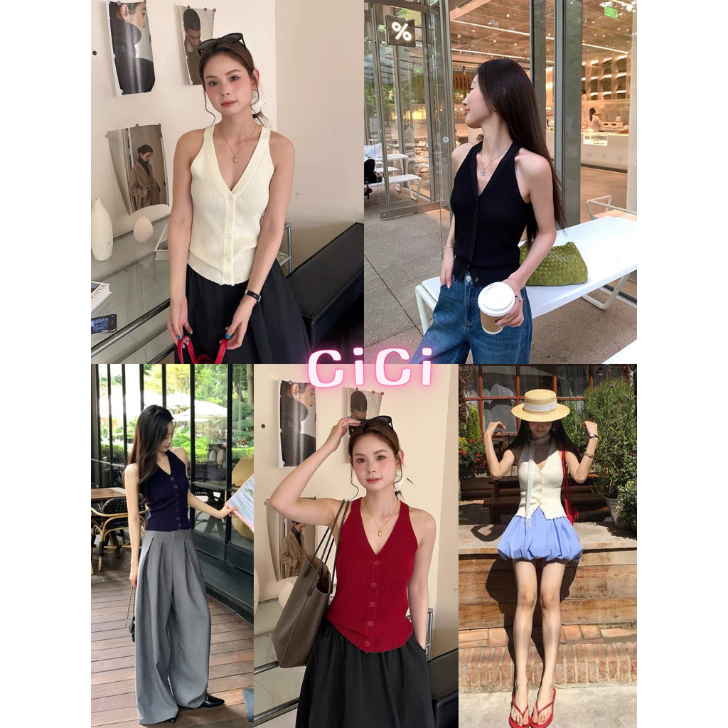 ส่งทันทีCici (No. J192) เสื้อคล้องคอไหมพรมคอวีแขนกุด ดีเทลกระดุมหน้าใช้งานได้จริง สไตล์สาวมินิมอล น่ารักๆ