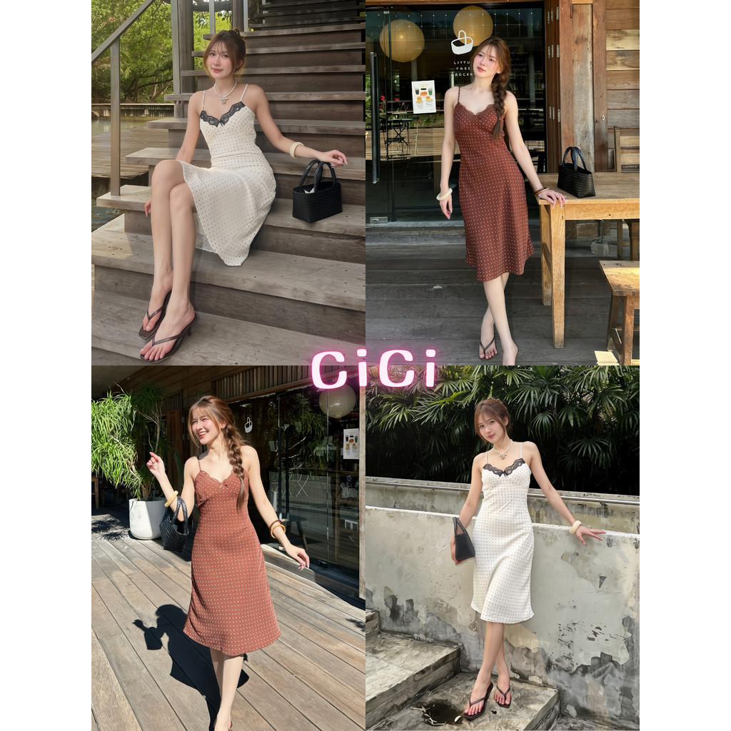 ส่งทันทีCici (No. 3413) เดรสยาวสายเดี่ยวลายPokadot แต่งลูกไม้ช่วงอก สายปรับได้และมีซิบข้าง ดีเทลผูกหลัง มีซับใน