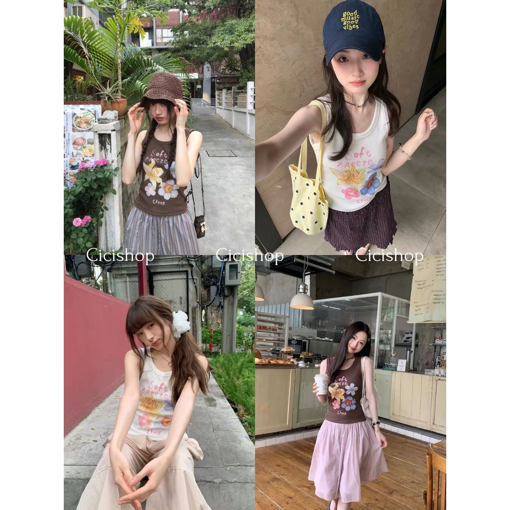 Cicishop(W9732) เสื้อกล้ามลายดอกไม้ สไตล์วินเทจหวานๆ ผ้านิ่มใส่สบาย แมตช์ง่าย ได้ลุคสาวคาเฟ่น่ารักละมุน