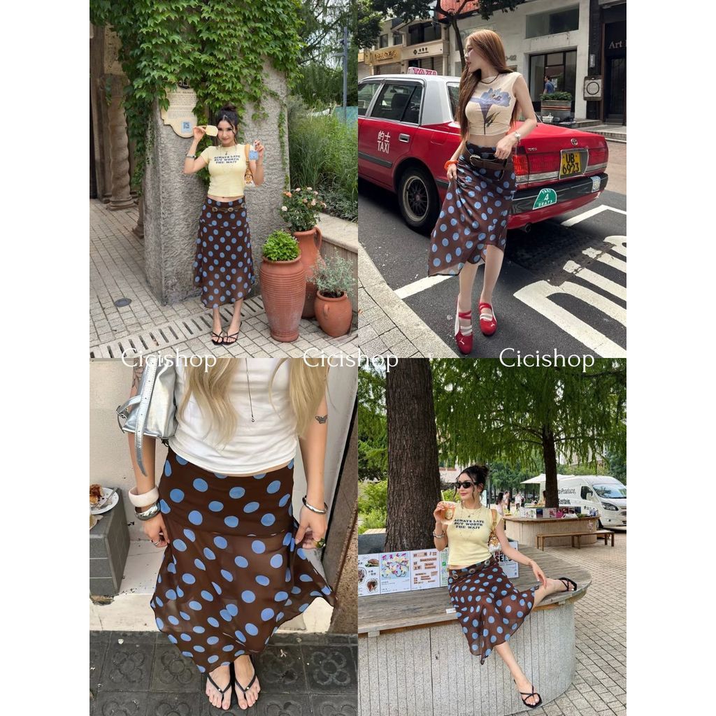 Cicishop(2619) กระโปรงพิมพ์ลายจุด Polka dot ดีเทลผ้าตาข่าย ทรงเอไม่สมมาตร สไตล์สาวเวียดนามเท่ๆ