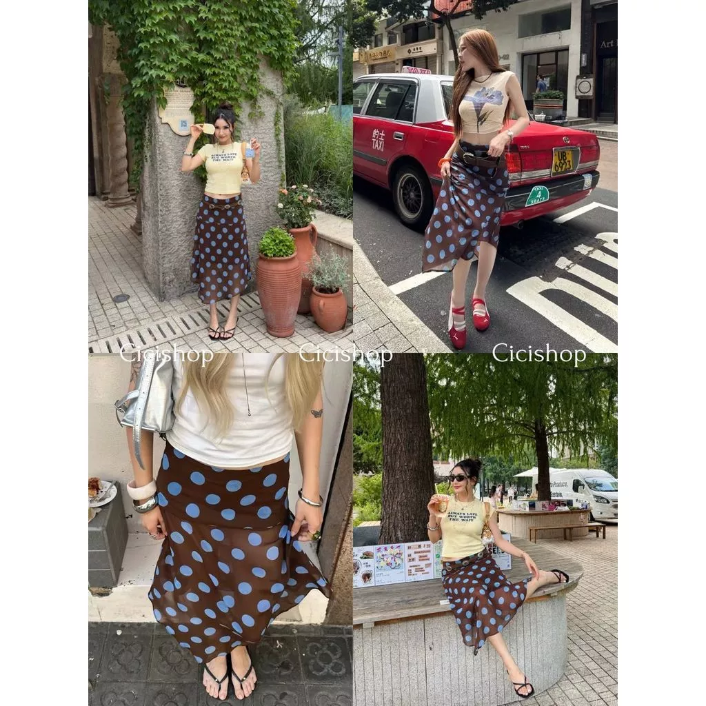 Cicishop(2619) กระโปรงพิมพ์ลายจุด Polka dot ดีเทลผ้าตาข่าย ทรงเอไม่สมมาตร สไตล์สาวเวียดนามเท่ๆ