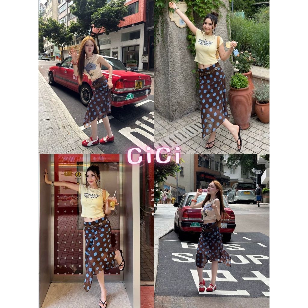 ส่งทันทีCici (No. 2619) กระโปรงพิมพ์ลายจุด Polka dot ดีเทลผ้าตาข่าย ทรงเอไม่สมมาตร สไตล์สาวเวียดนามเท่ๆ