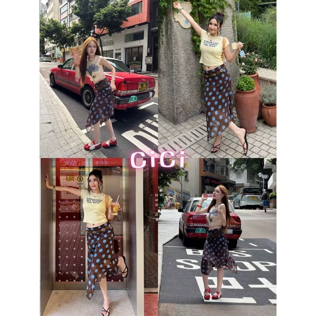 ส่งทันทีCici (No. 2619) กระโปรงพิมพ์ลายจุด Polka dot ดีเทลผ้าตาข่าย ทรงเอไม่สมมาตร สไตล์สาวเวียดนามเท่ๆ
