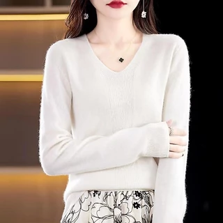 เสื้อแขนยาวคอวีสีพื้น เสื้อไหมพรมผ้ายืดใส่สบาย มี 12 สีให้เลือก