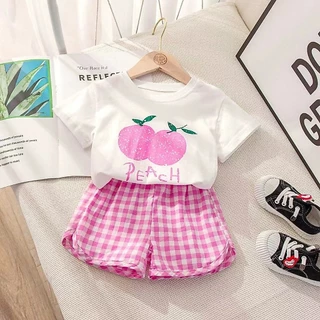 P06 ชุดเสื้อแขนสั้น ชุดเด็ก ลายผลไม้ และ กางเกงขาสั้นลายสก๊อต ผ้านิ่ม ใส่สบาย Set 2 ชิ้น