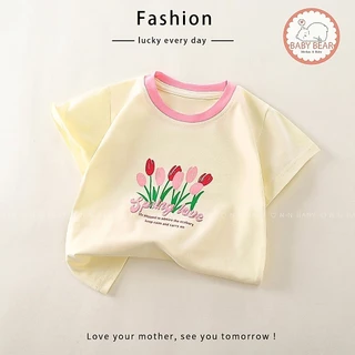 เสื้อยืดมินมอลเด็กผู้หญิง เสื้อยืดเด็กแขนสั้น พิมพ์ลายดอกไม้ Size90-120 cm