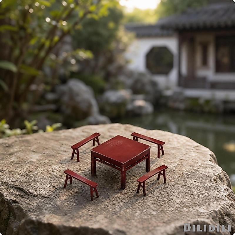 [Dilidili] 1/64 Scale Table and Stool Set Square Top Sturdy 1/64 Scale Furniture Model