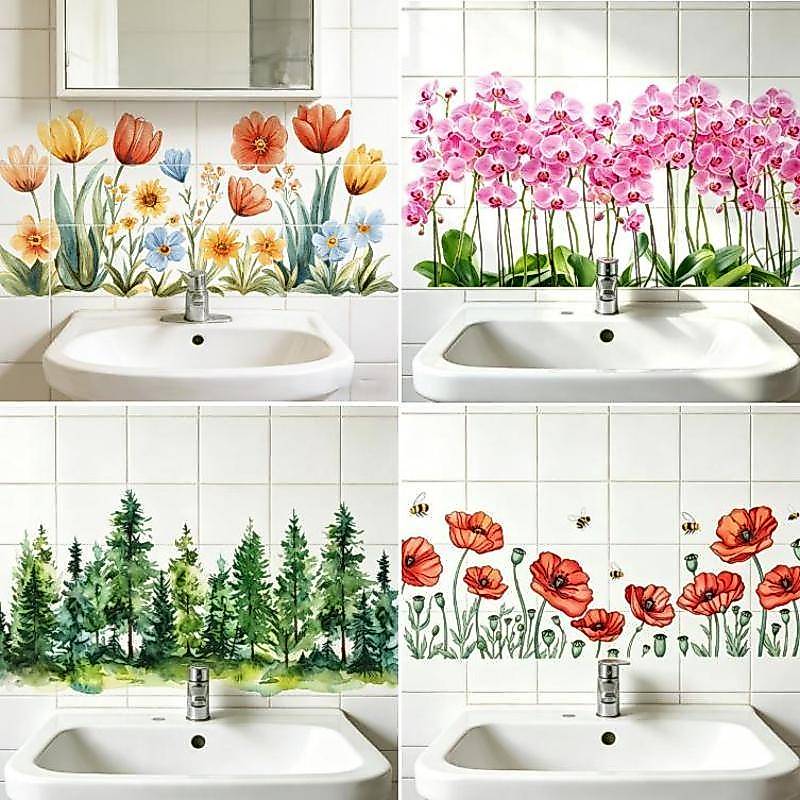 ABOVE ห้องน้ํา Basplash Wall Stier ดอกไม้สดรูปแบบกันน้ําที่ถอดออกได้ Decal สําหรับอ่างล้างจานห้องครัวตกแต่งบ้าน TH
