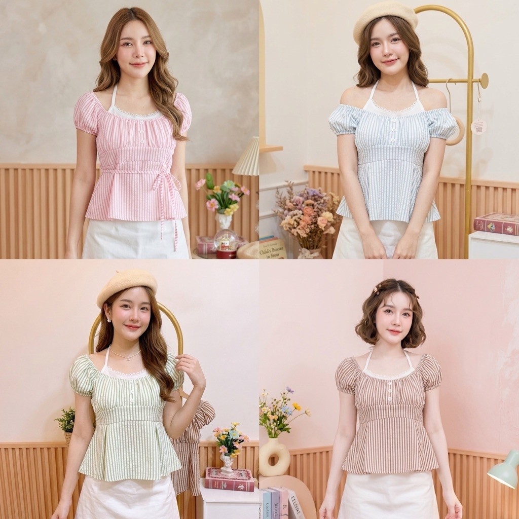 เสื้อแขนตุ๊กตา ใส่ได้ 2 แบบลายริ้ว ด้านหลังเป็นสม็อคมีเชือกให้ผูกเอว