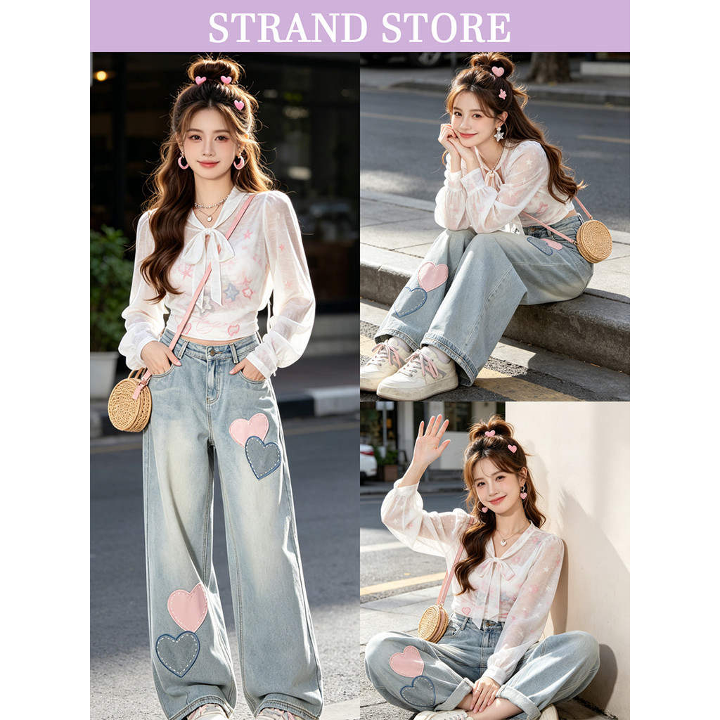 STRAND 2026 กางเกงยีนส์สีฟ้าลายหัวใจน่ารัก ทรงเข้ารูป ช่วยให้ดูผอมเพรียว ทรงขาตรง M/L 6655