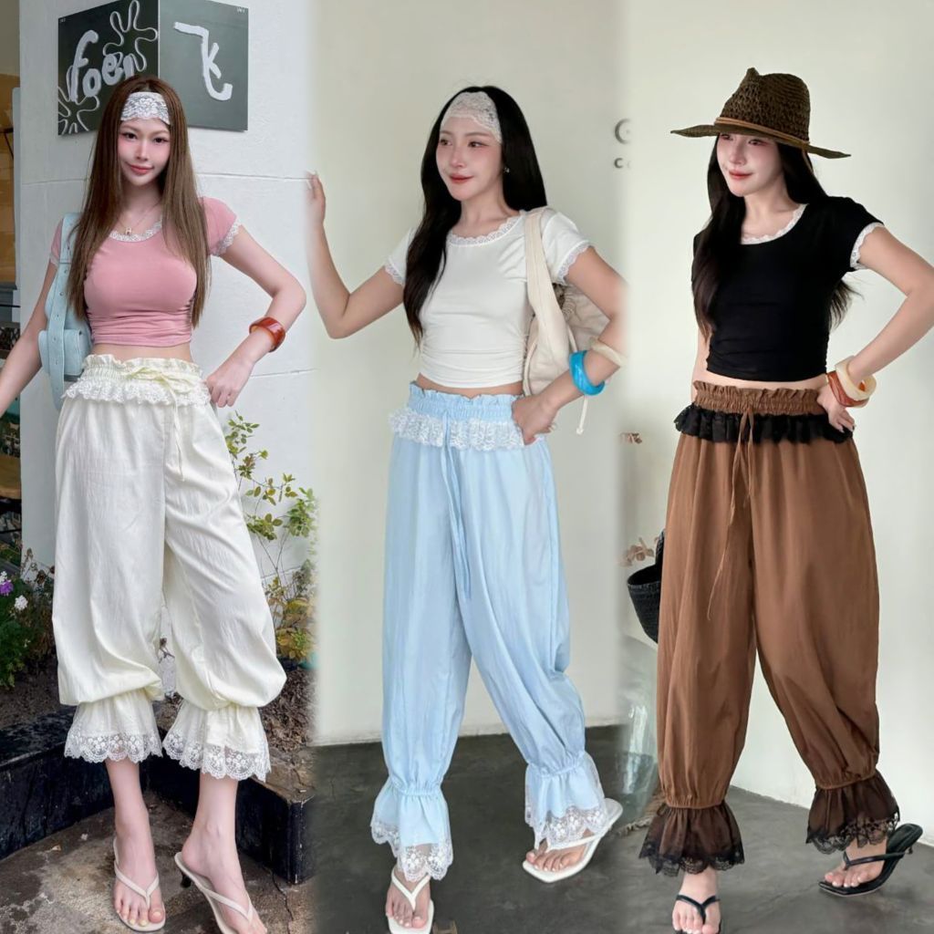 LACEY BLOOM PANTS กางเกงขาจั๊มทรงจินนี่ ครีม/ฟ้า/น้ำตาล