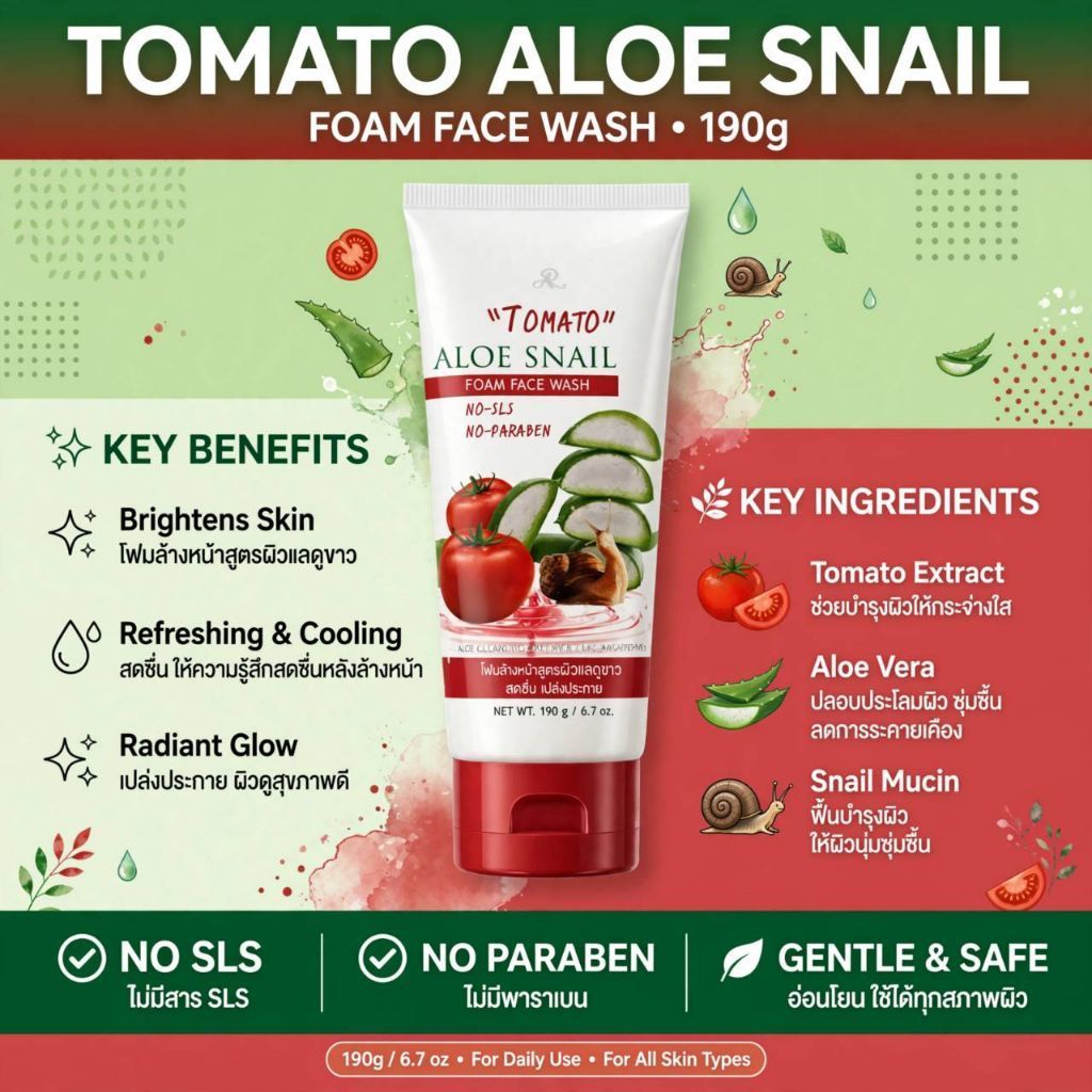 AR Tomato Aloe Snail Foam Face Wash ขนาดจุกๆ 190 กรัม