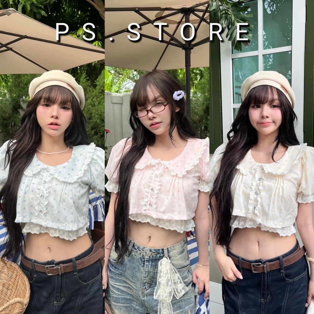 Rynn crop : เสื้อครอปแขนตุ๊กตาคอบัว ดีเทลแต่งขอบลูกไม้