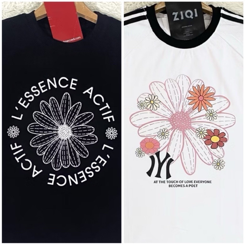 มือ1 เสื้อยืดแขนสั้น ผ้าคอตตอนซูพรีม เสื้อยืดสกรีนลายดอกไม้