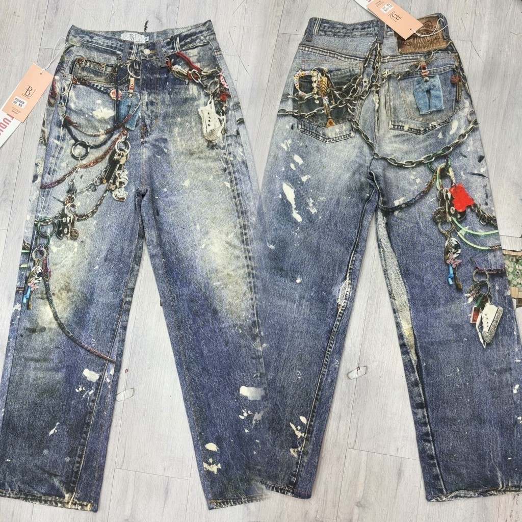 XS-4XL BACKUP กางเกงยีนส์ขายาวกระบอก Baggy Jesns พิมพ์ 3D ลายโซ่ Vintage ยีนส์ใยน้ำแข็ง