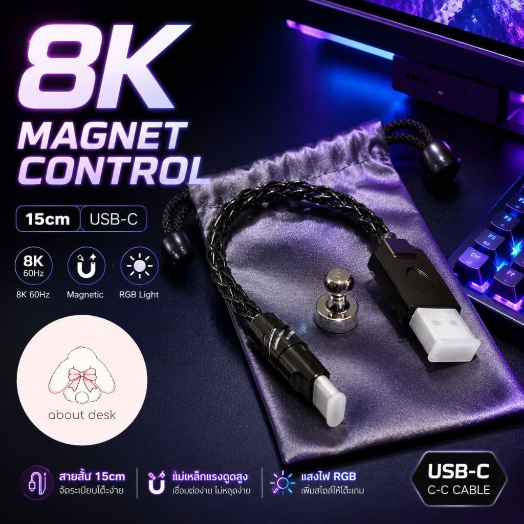 สาย8K 15cm USB-C C-C RGB Cable สายต่อ Hub สายต่อจอเล็ก สายต่อ Mouse สายถัก Custom Keyboard ปรับไฟได้ รองรับ USB