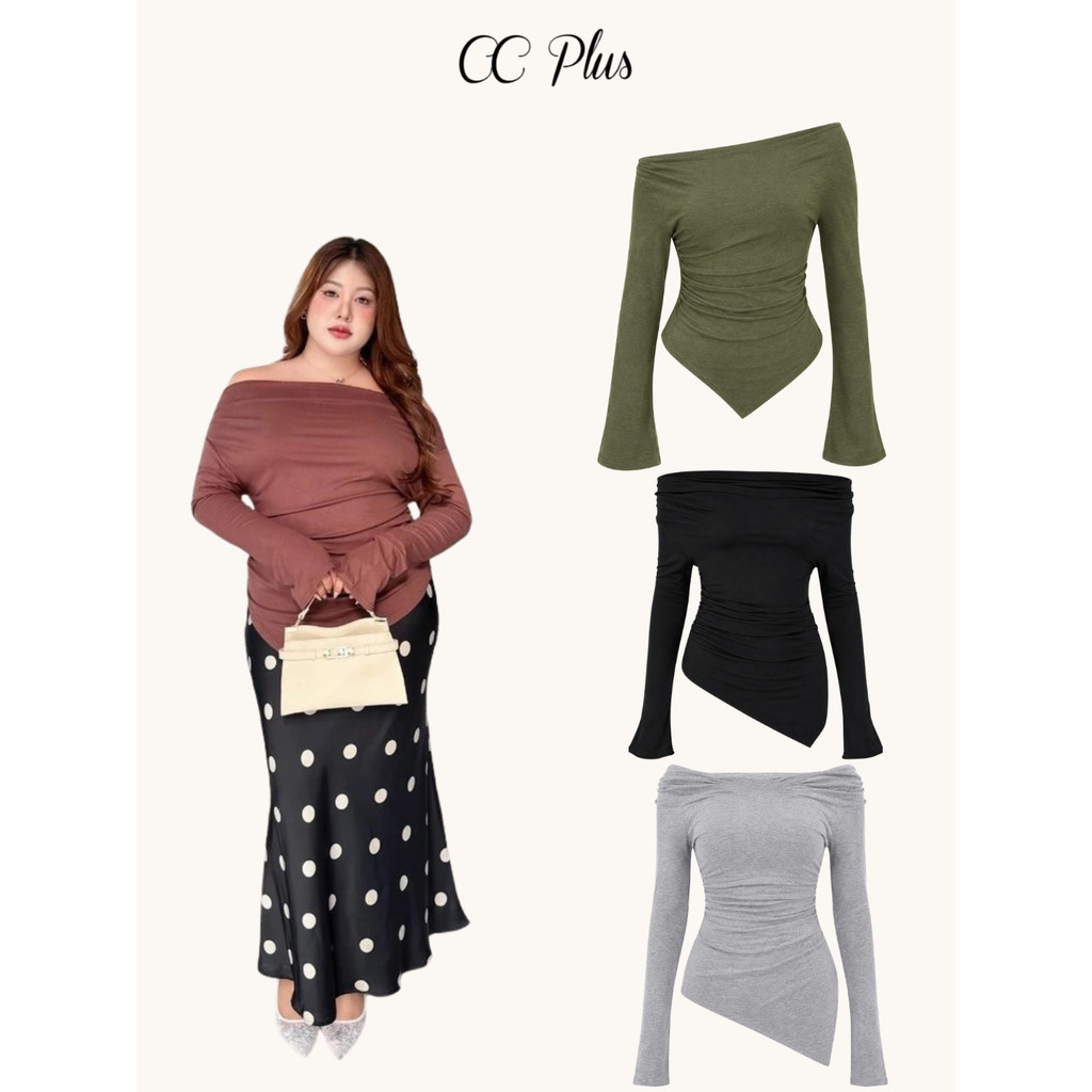 CiCi Plus+(J2762) เสื้อแขนยาวเรยอน ดีเทลปลายแขนกว้าง ปาดไหล่จั๊มเอวด้านข้างเล็กน้อย ใส่แล้วพรางหุ่น สไตล์สาวพลัสไซส์