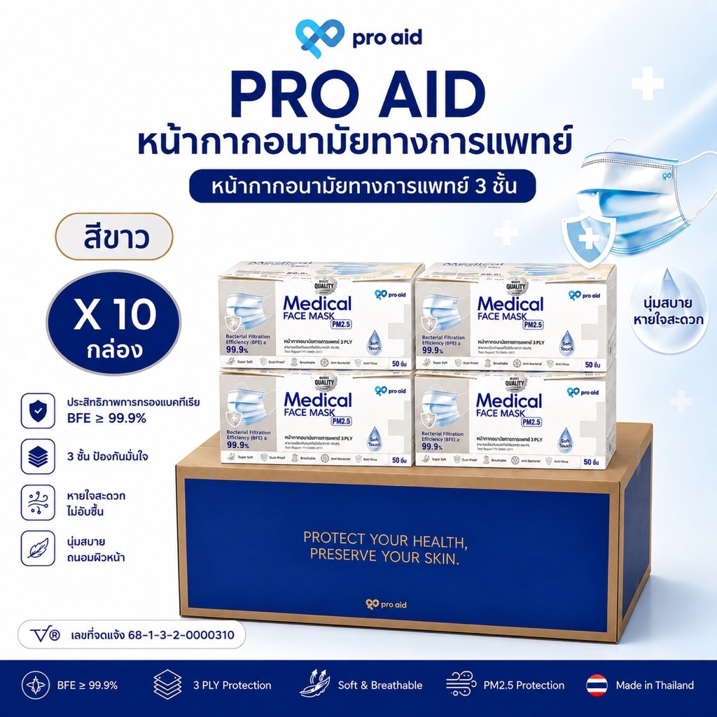 [ยกลัง 10 กล่อง = 500 ชิ้น] Pro Aid Level. 3 หน้ากากอนามัยทางการแพทย์ 3 ชั้น Soft Touch นุ่มพิเศษ ถนอมผิวหน้า