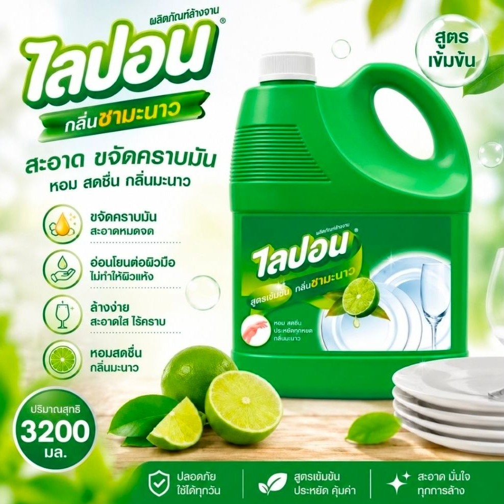 🍋 ไลปอนน้ำยาล้างจาน กลิ่นชามะนาว สูตรเข้มข้น 3,200 มล.