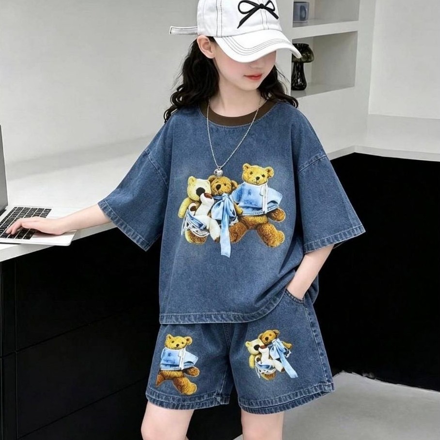 ชุดเซ็ตเด็กผู้หญิงยีนส์แท้เสื้อทรงโอเวอร์ไซส์เด็กโต