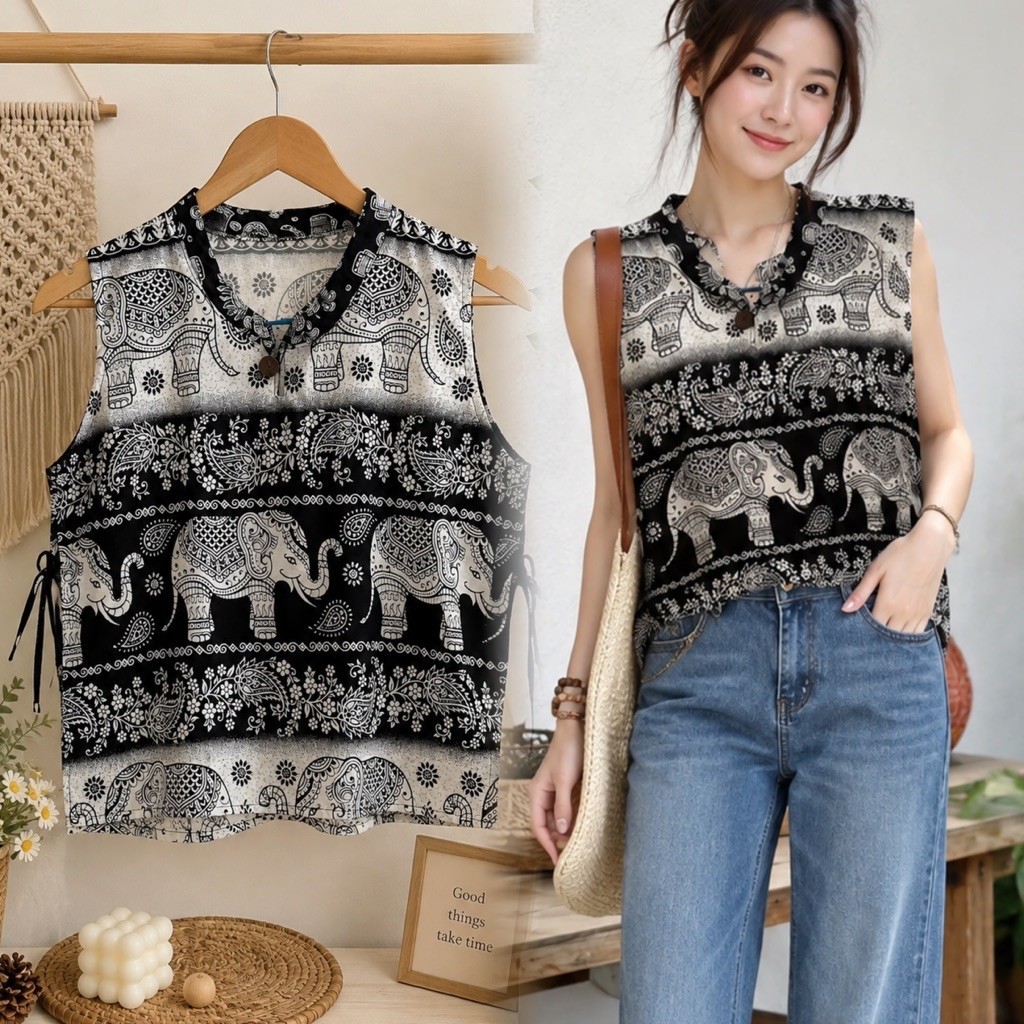 เสื้อคอจีนแขนกุด ลายช้างไทย คละลายช้าง ผลิตจากไทย