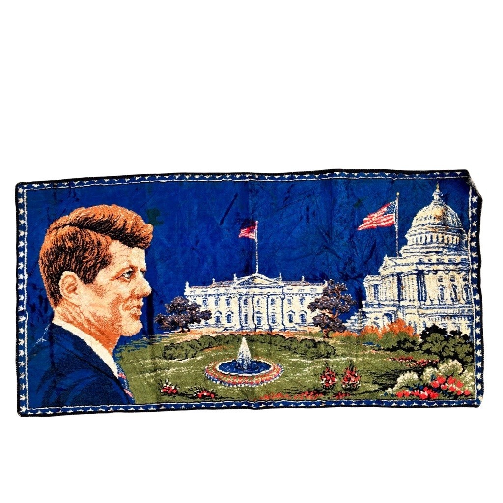 Vintage 60s John F Kennedy White House Rug Tapestry Wall Art President JFK Stained