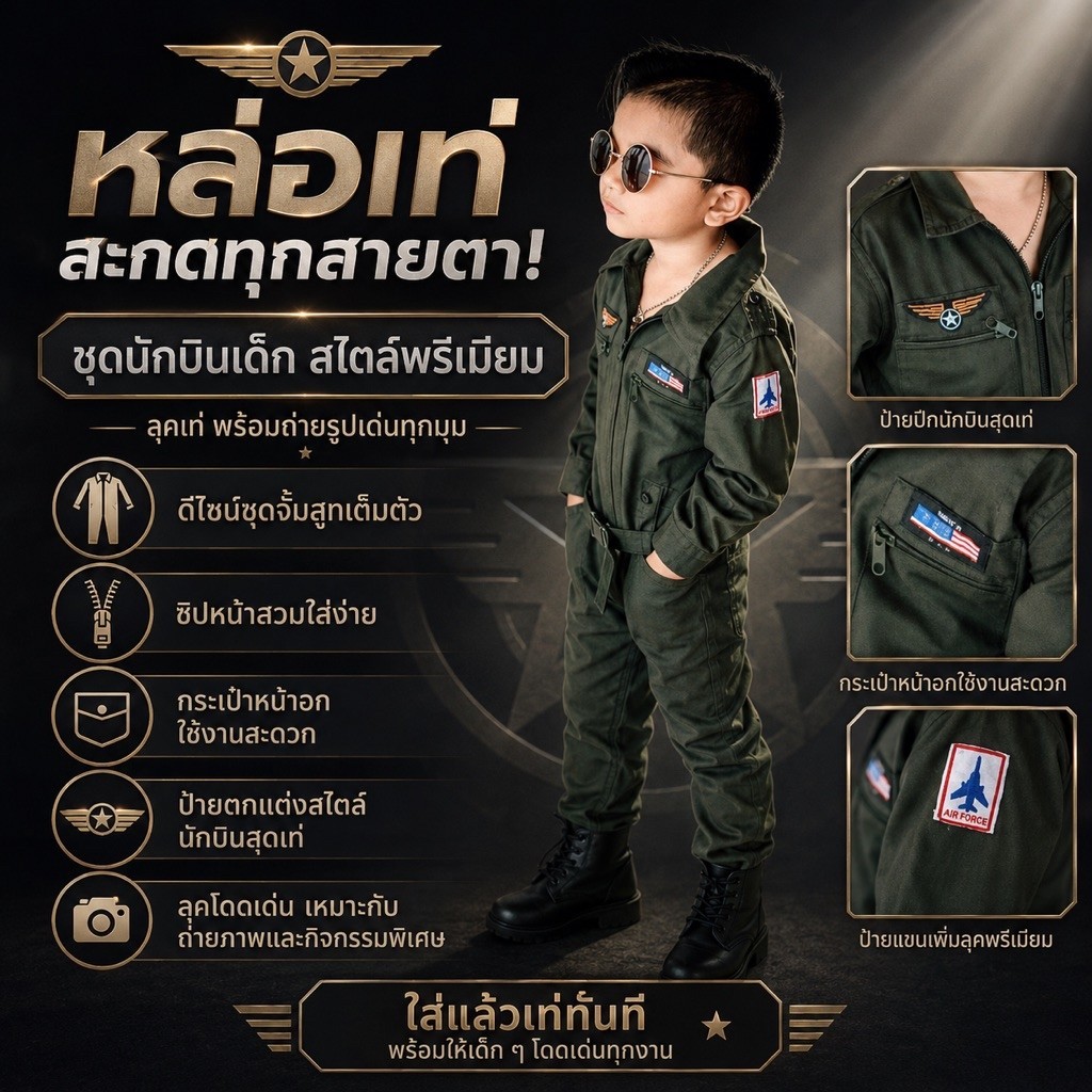 [พร้อมส่ง] ชุดทหารเด็ก แขนยาว ชุดนักบินเด็ก ชุดนักบิน ชุดหมีเขียว