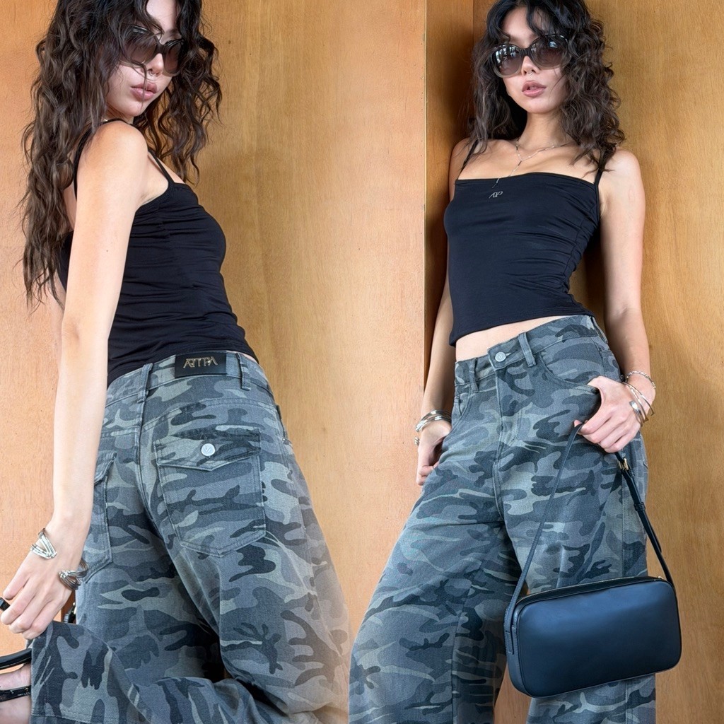 Atipashop - Ranger Camo Pants (#A065) กางเกงยีนส์ขายาว ลายทหาร ทรงขากระบอกใหญ่ เอวสูง ลายพรางทหาร