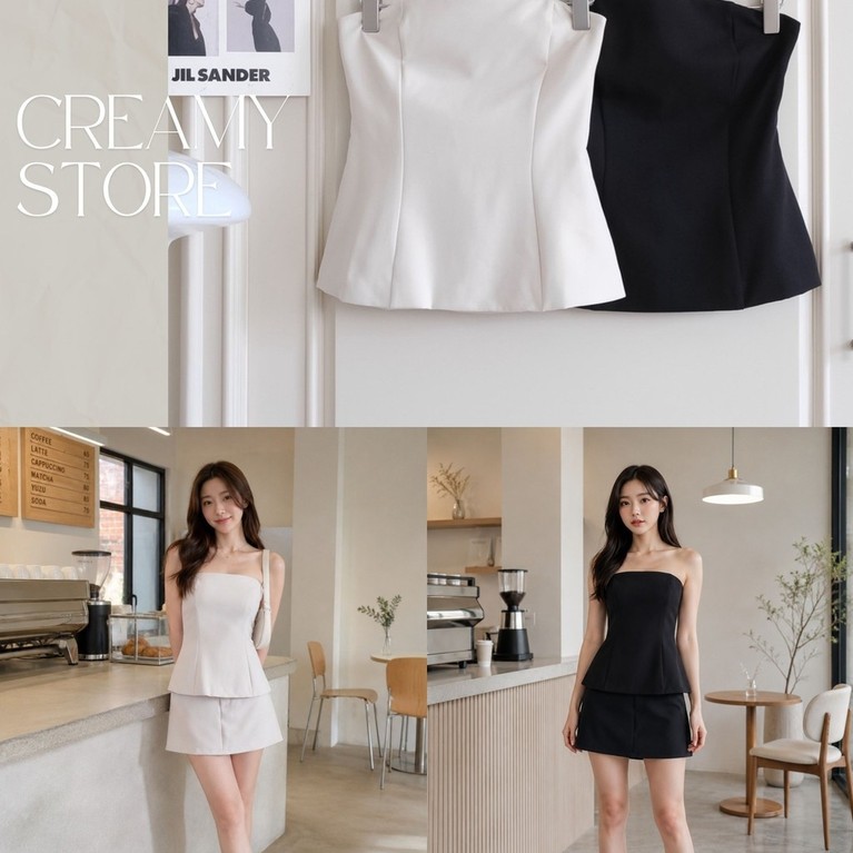 CreamyStore เสื้อเกาะอกเข้ารูป ผ้าสูททิ้งตัวสวย งานป้ายPrisana สีมินิมอลเรียบหรู