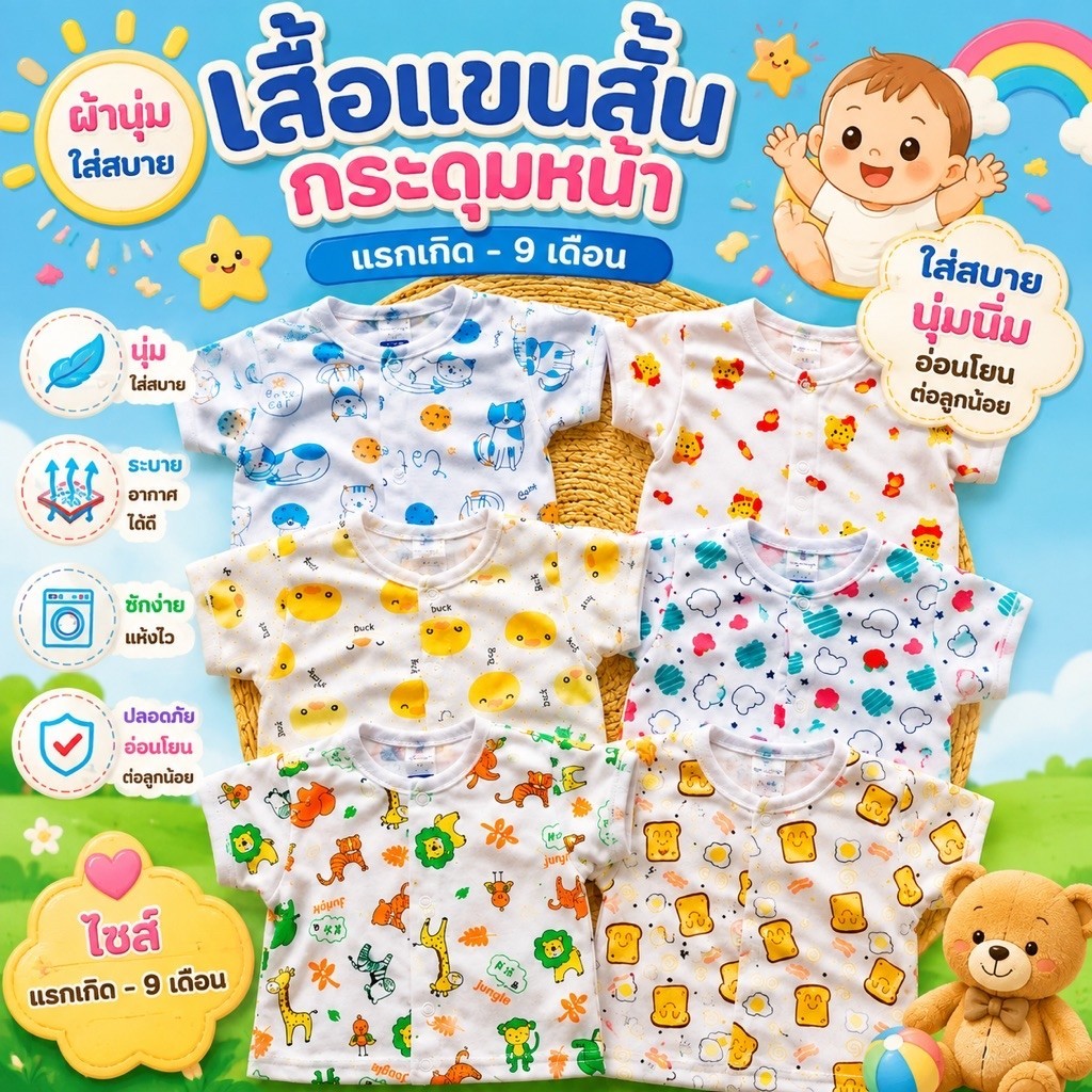 *แพ็ค3ตัว* เสื้อแขนสั้นกระดุมหน้า0-3,3-9เดือน เสื้อเดี่ยวแขนสั้น เสื้อเด็กแรกเกิด