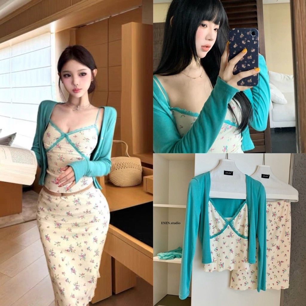 10923# Set 3 pcs เสื้อคลุมแขนยาว งานกระดุมหน้า+ เสื้อสายเดี่ยวลายดอก สายปรับได้ + กระโปรงเอวยางยืด TAG:WG.WE