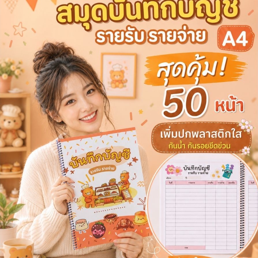 สมุดบันทึกรายรับรายจ่าย Handmade หนังสือทำมือ A4 50หน้า เขียนได้นาน เย็บสันเกลียว เพิ่มปกพลาสติก กันน้ำ กันรอย