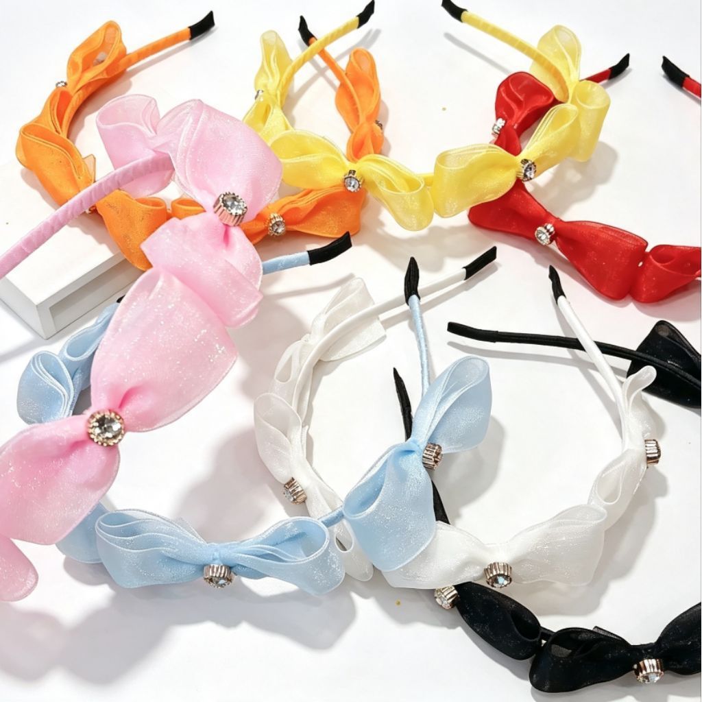 [H15] ที่คาดผมโบว์ผ้าแก้วประดับเพชร มี 7 สี สีสันสดใส ที่คาดผมขนาดเล็ก 5 มิล โครงคาดโลหะไม่หัก ที่คาดผมงานอีเวนท์ตต่างๆ