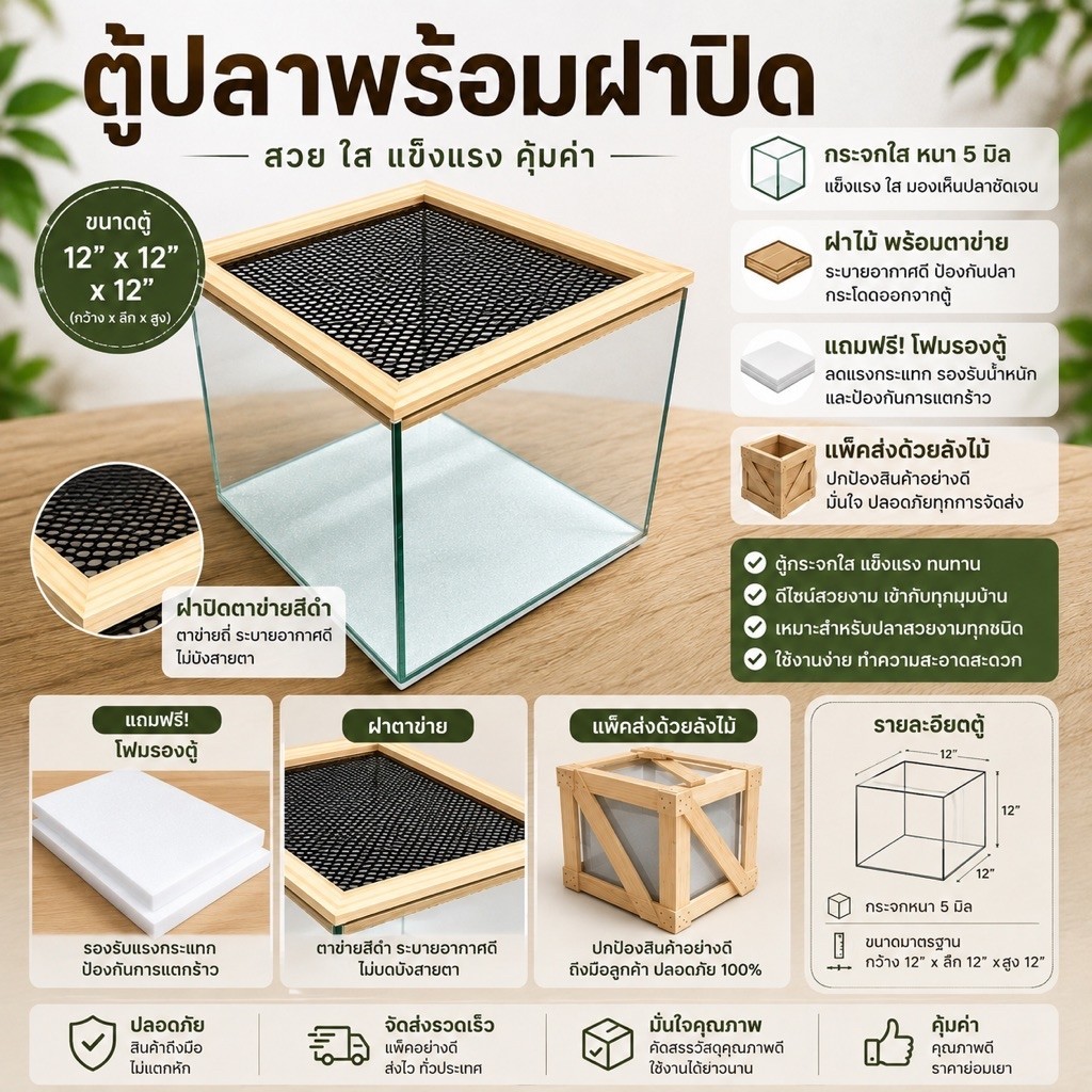 ตู้ปลา 12”x12” กระจกหนา5มิล พร้อมฝาปิด