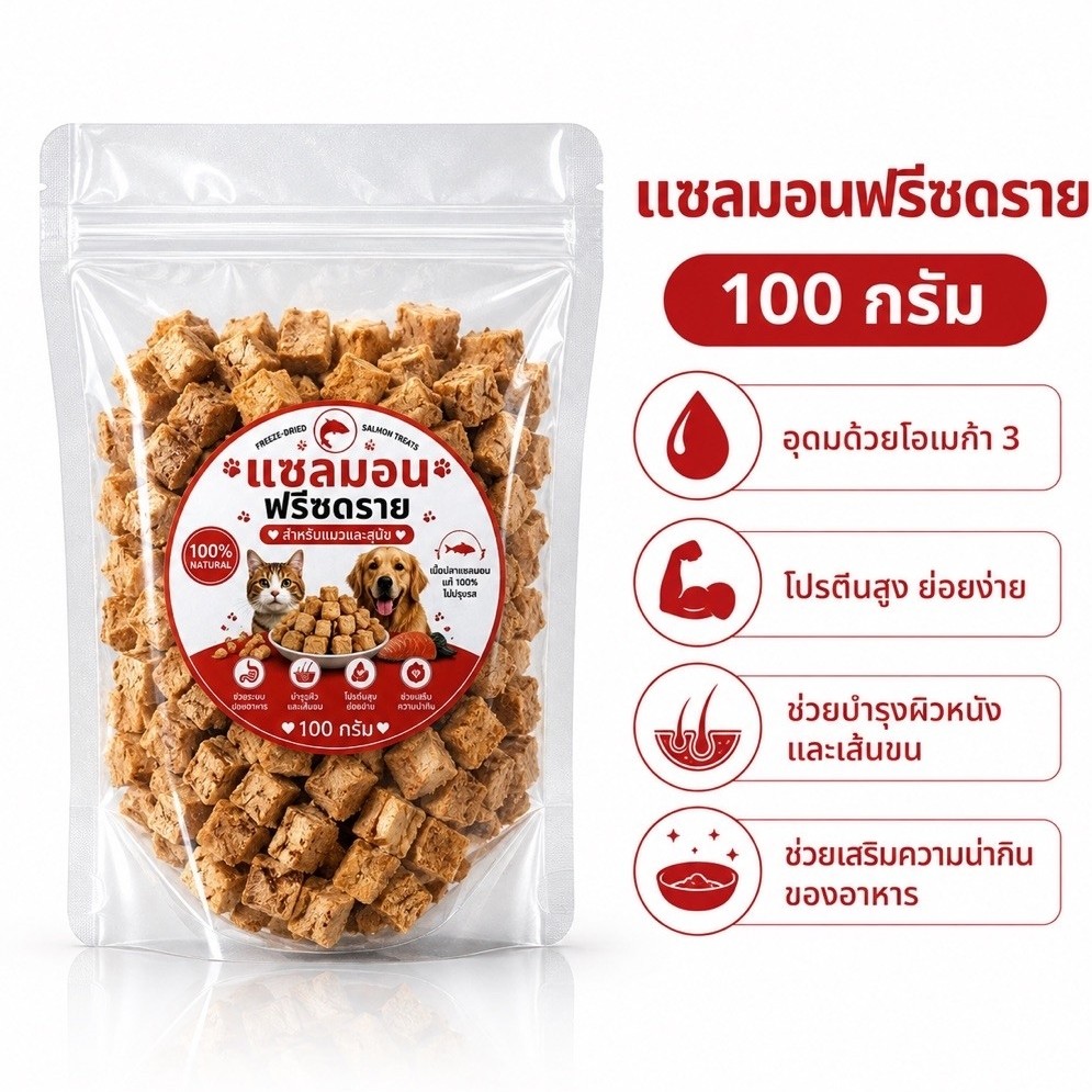 🐟 แซลมอนฟรีซดรายอร่อย หอม โปรตีนสูง จากเนื้อปลาแซลมอนแท้ น้องแมวหลงรักทุกคำ 💛