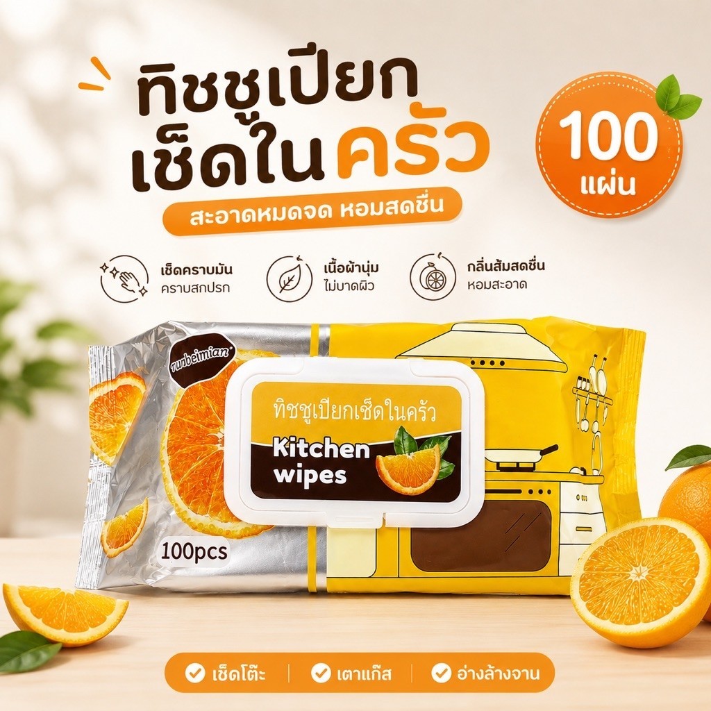 ทิชชูเปียกเช็ดครัว กลิ่นส้ม 100 แผ่น Kitchen Wipes เช็ดคราบมัน คราบสกปรก ทำความสะอาดในครัว