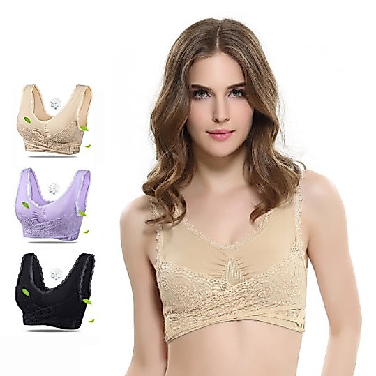 ชุดชั้นใน Sport Bra มีลูกไม้สายไขว้ด้านหน้า สีดำ/สีนู้ด/สีม่วง # 0389