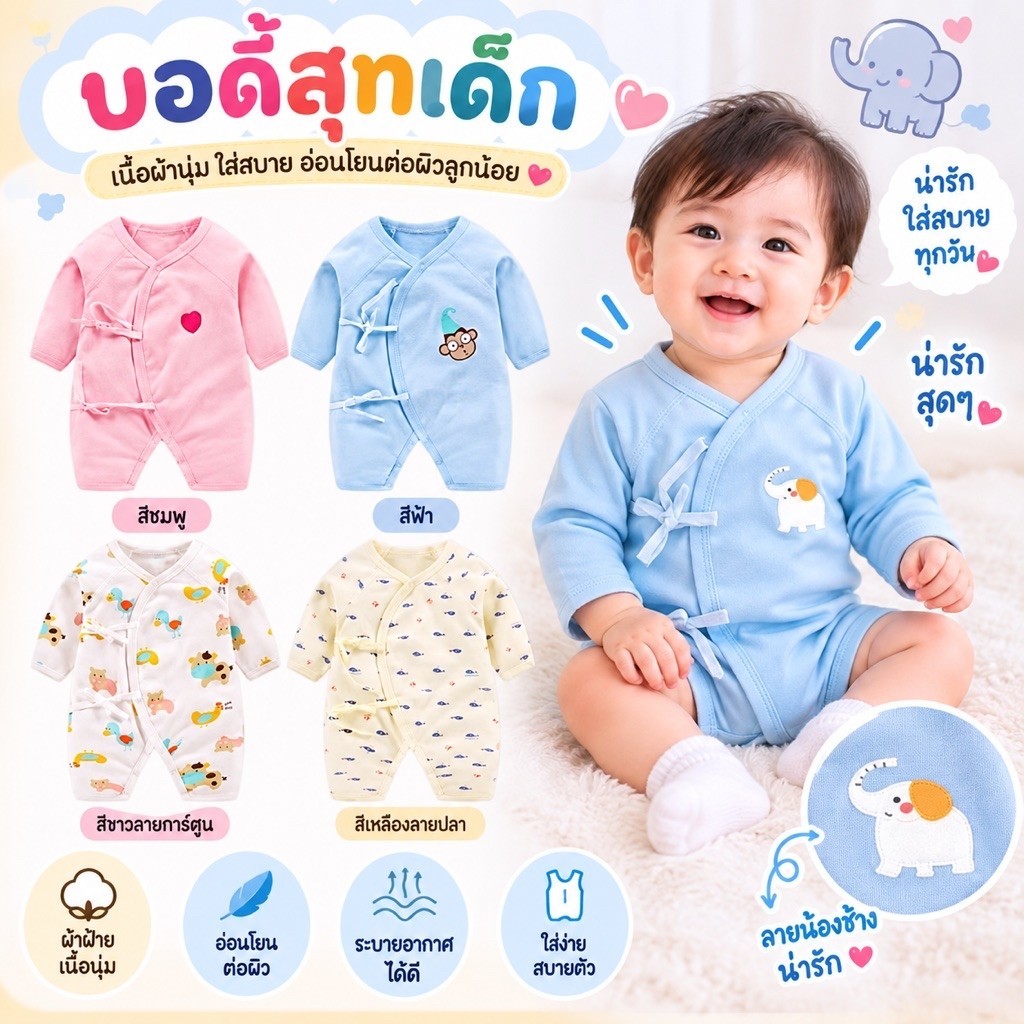 บอดี้สูทเด็ก แขนยาวขายาว ผ้าเนื้อดีเกรดA (ไซส์ 0-3-6-9 เดือน)