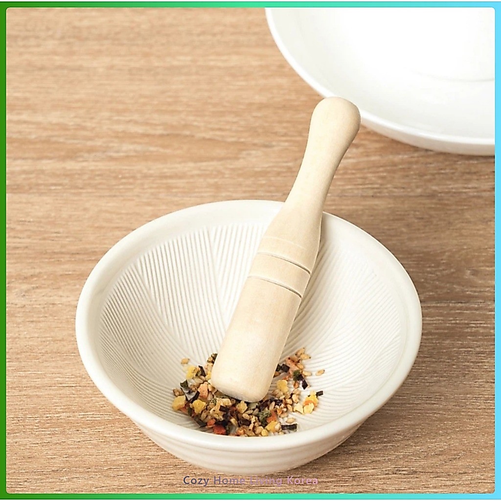 Daiso Mini Ceramic Mortar & Pestle Set ชามบดงา 10 ซม