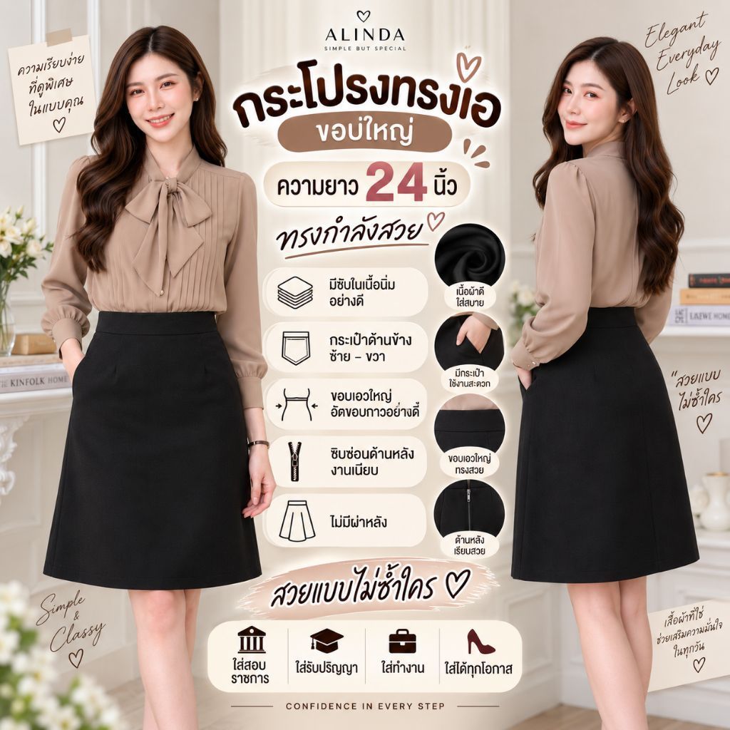 กระโปรงทรงเอขอบใหญ่ 24“ ไซส์ S-3XL มีกระเป๋า ซ้าย ขวาไซส์ S-3XL(ไม่ผ่าหลัง) เอวสูง ผ้าเบอร์ลิน ซับในทุกรุ่น ยืดหยุ่นดี