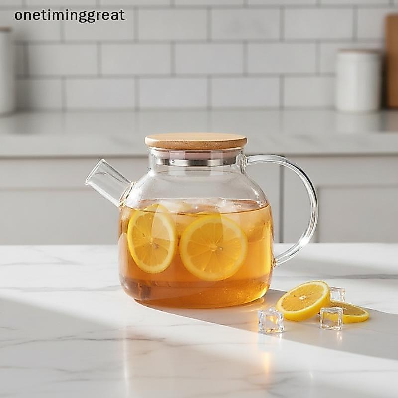 Onetiminggreat กาน้ําชาแก้วทนความร้อน 1L พร้อมฝาปิดไม้ไผ่เหยือกแก้ว Thi โปร่งใสสําหรับร้านอาหารเครื่
