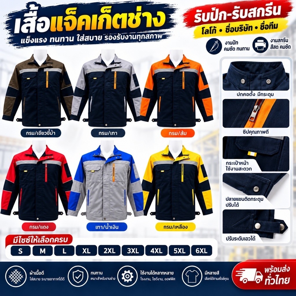 (พร้อมส่ง)เสื้อช็อปช่างแขนยาวผ้าโพลีเอสเตอร์ผสมฝ้ายกันสะเก็ดไฟได้ 20%เป็นงานกระดุมทองมีแถบสะท้อนแสง(S-6XL) รุ่นซิปหน้า