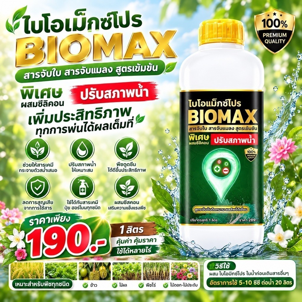 สารจับใบ ไบโอแม็ก Biomax เพิ่มประสิทธิภาพดูดซึมทางใบ ปรับสภาพน้ำ เกาะติดแน่น เข้มข้น 1ลิตร