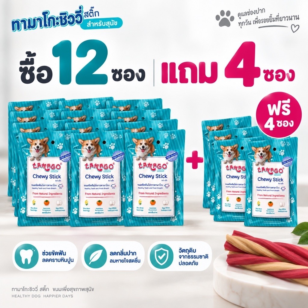 (รับฟรี 4 ซอง) Tamago Chewy Stick Jumbo ขนมขัดฟันสุนัข ขนมสุนัข ขนมหมา ทามาโกะ ชิววี่ สติ๊ก 12 ซอง