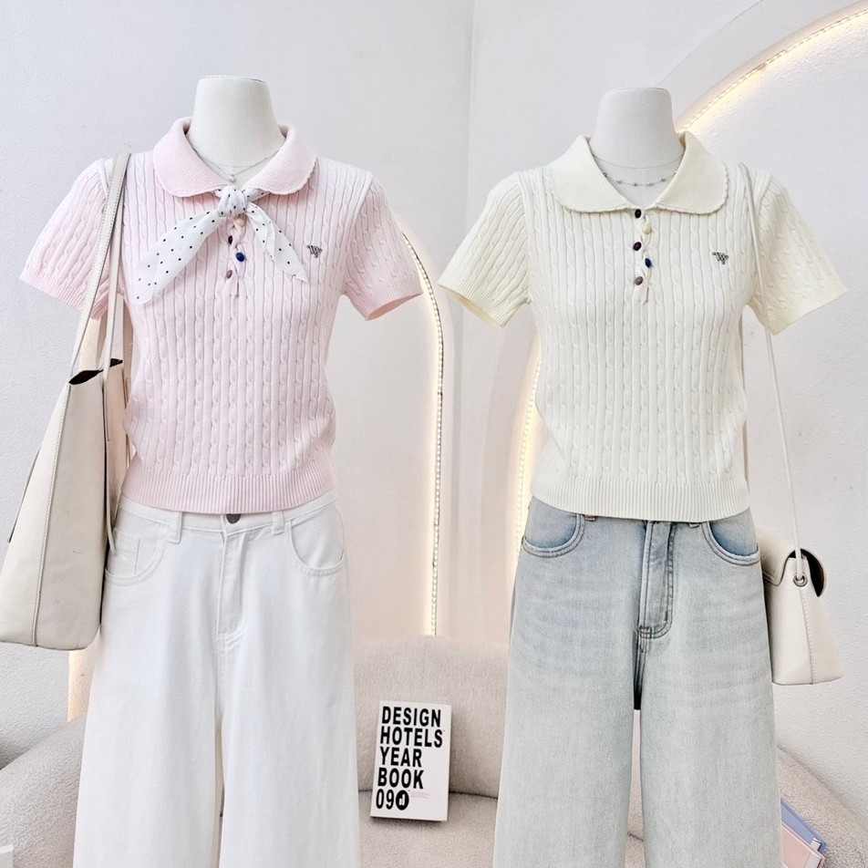 WA YA เสื้อเชิ้ตแขนสั้น แต่งกระดุมสลับสี ผ้าไหมพรมนิ่ม