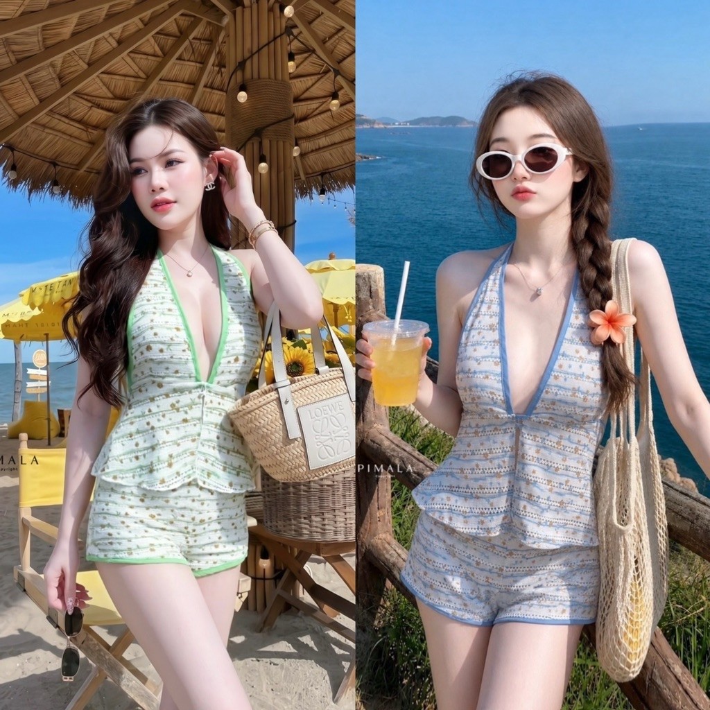 D11 งานป้าย Pimala Set ชุดเซ็ท 2 ชิ้น เสื้อคล้องคอ กางเกงขาสั้น สำหรับผู้หญิง เสื้อผ้าแฟชั่นผู้หญิง ไซส์ Xs-L